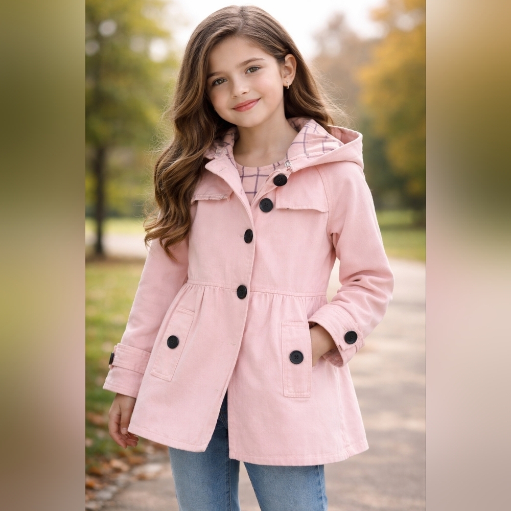 Girls Pink Hooded Coat Plaid Lined Button Front Jacket